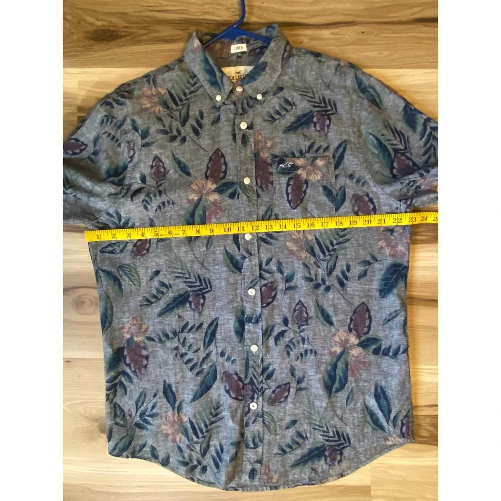 Hollister Mens Blue Tropical Floral Linen Blend Short Sleeve Button Down Shirt L